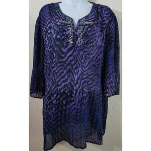 Maggie Barnes Purple Black Accordion Pleat Beaded Bodice Top 16W Lightweight